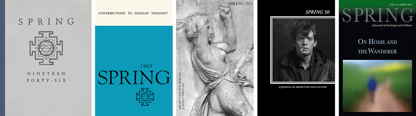 covers of Spring 1946, 1971, 1990, and 2011 featuring a linear yantra, a detail of an Amazon woman, a portrait of Robert Mapplethorpe,and a blurred inage of a man walking in a landscape