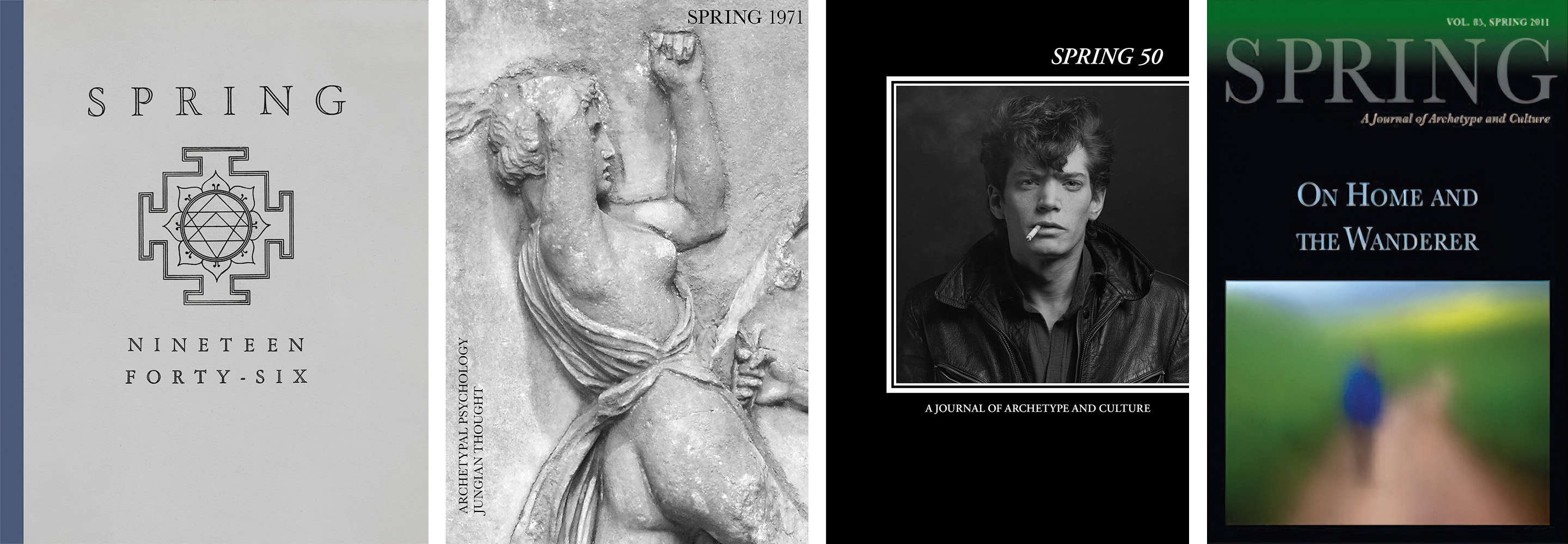 covers of Spring 1946, 1971, 1990, and 2011 featuring a linear yantra, a detail of an Amazon woman, a portrait of Robert Mapplethorpe,and a blurred inage of a man walking in a landscape